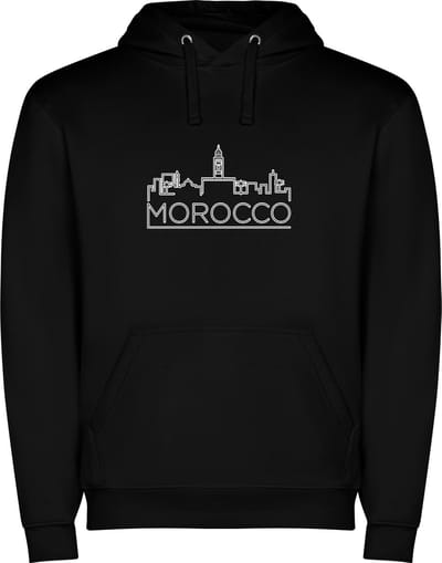 Zwarte unisex hoodie met “ Skyline Morocco - Marokko – Vakantiegevoel – Strak – Modern “ Print Full Color Color merk Roly maat S