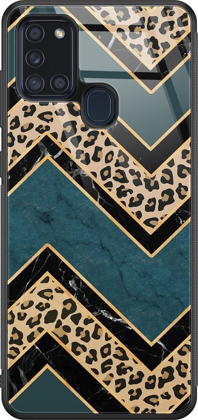 Hoesje geschikt voor Samsung Galaxy A21s - Luipaard zigzag - Luxe Glazen Hardcase - Print / Illustratie - Bruin