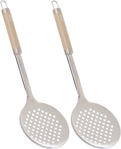 5Five schuimspaan Paris - 2x - 32 cm - RVS - aluminium - beige/zilver - keukengerei - schuimer - frituurspaan