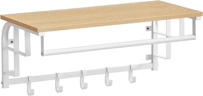MAZAZU 3-in-1 Wandkapstok met Plank - kapstok met 5 Haken – Metaal & Hout – Industrieel Design – Wit & Eiken – 66x30 cm