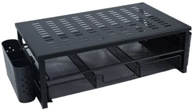 RosaBloom Monitorstandaard - Bureau Organizer met Lade - Monitorverhoger - Ergonomisch - Laptopstandaard - Inclusief 2 Penhouders - Metaal - Zwart
