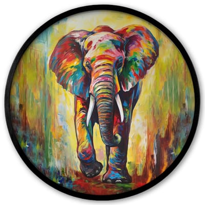 Poster in lijst Rond - Fotolijst 40x40 cm - Posters - Olifant - Kunst - Schilderij - Dieren - Regenboog - Ronde posterlijst zwart - Decoratie - Wanddecoratie woonkamer - Muurdecoratie slaapkamer