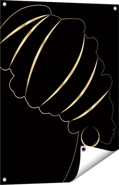 Gards Tuinposter Afrikaanse Vrouw met Gouden Zwarte Tulband - 60x80 cm - Tuindoek - Tuindecoratie - Wanddecoratie buiten - Tuinschilderij