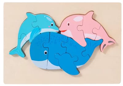 Houten dieren puzzel - Dolfijnen - 11 stukjes - Vanaf 2 jaar - Kinderpuzzel - Educatief montessori speelgoed