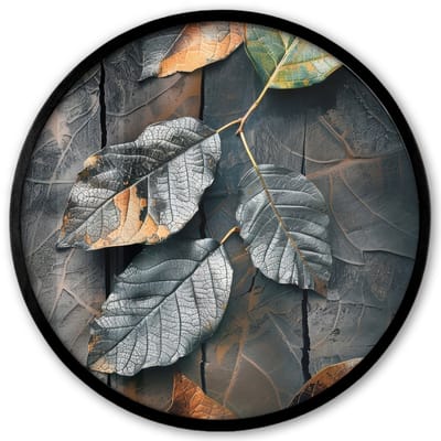 Poster in lijst Rond - Fotolijst 40x40 cm - Posters - Bladeren - Herfst - Grijs - Natuur - Ronde posterlijst zwart - Decoratie - Wanddecoratie woonkamer - Muurdecoratie slaapkamer