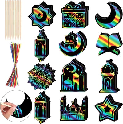Allecto - Ramadan Eid Scratch Art - 36 stuks - Decoraties voor kinderen - Regenboog kraspapier - Islamitische ambachten - Geschikt voor 0-10 jaar