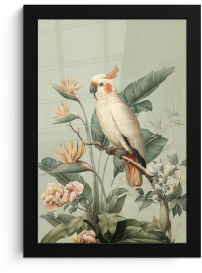 Poster in lijst - Fotolijst 20x30 cm - Posters - Gele kuifkaketoe - paradijsvogelbloemen - Groen - Posterlijst zwart - Decoratie - Wanddecoratie woonkamer - Muurdecoratie slaapkamer