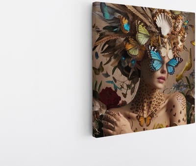 Saammp Canvas Schilderij - Vrouw met Vlinders En Bloemen - 20x20 - Foto op canvas - Wanddecoratie - Muurdecoratie Woonkamer - Slaapkamer decoratie - Canvas Print