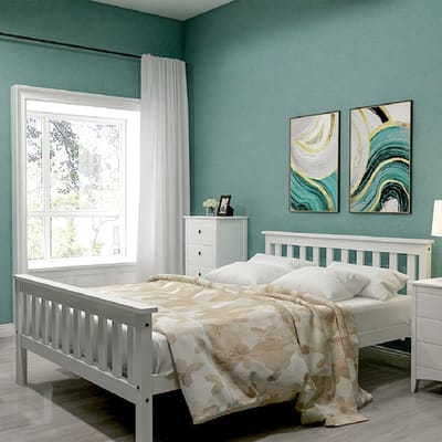 MODFU Bedframe 140x200 cm – Van massief grenenhout – Inclusief lattenbodem – Wit – Stabiel en stevig