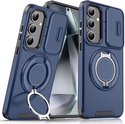 Armor Tough [360° draaibare ringstandaard] [compatibel met Magsafe] Hoesje Geschikt voor: Samsung Galaxy A55 - Ingebouwde dia camera cover - Hybrid - Blauw