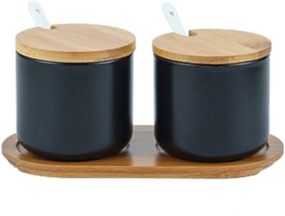 Set van 2 keramische kruidenpotjes met lepel en bamboedeksel voor suiker, zout en specerijen