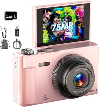 Digitale Camera – UHD 5K 75MP Digitale Camera met 64GB Micro SD-kaart – 180° Draaibaar 2,83" Scherm – 18X Zoom – Anti-trillingsfunctie – Compacte Camera – Geschikt voor Kinderen, Volwassenen en Beginners (Roze)