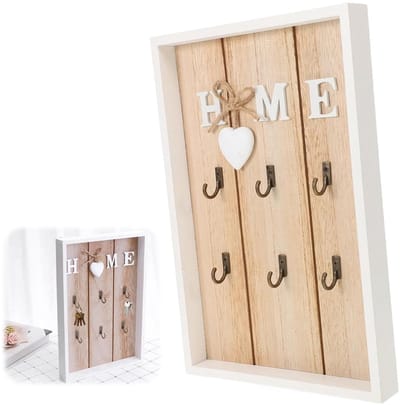 Dailygoods- Sleutelhanger Vintage - Sleutelkastje Hout - Sleutelrekje - 6 Haken - Wandhouder - 30,20 cm Hoog - Witte Lakafwerking