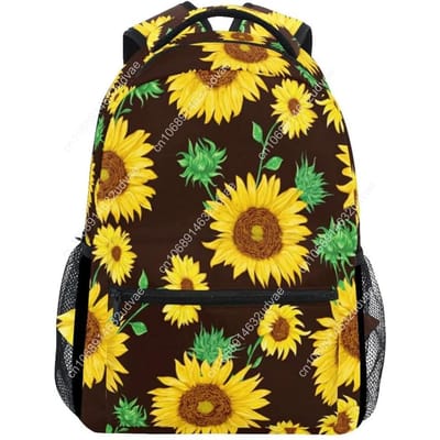 Zonnebloemen En Bladeren Laptop Rugzak, Bloemen Bloemen Zwart Waterbestendig College Studenten Boekentassen Basisschool Tassen Reizen yellow