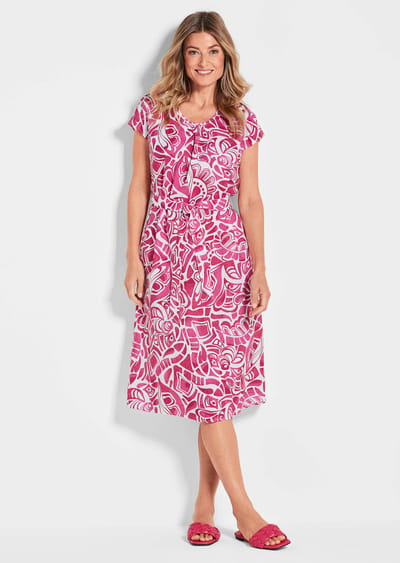 Linnen jurk met all-over print & strikceintuurtje - roze / gedess. - Gr. 19 van Goldner Fashion