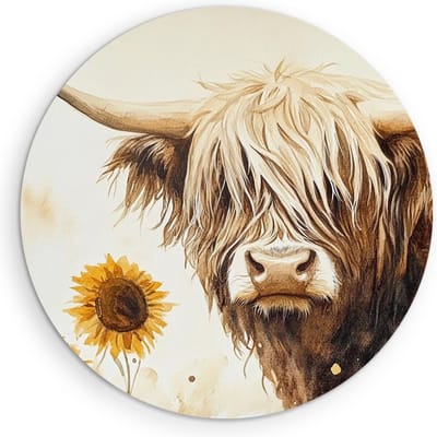 Saammp - Muurcirkel Hout - Schotse Hooglander Koe - Abstract - Dieren - Natuur - Ø 90 - Wandcirkel - Wanddecoratie Cirkel - muurdecoratie Woonkamer - Slaapkamer decoratie - Rond Schilderij