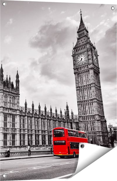 Gards Tuinposter Rode Bussen in Londen - Retro - 60x80 cm - Tuindoek - Tuindecoratie - Wanddecoratie buiten - Tuinschilderij