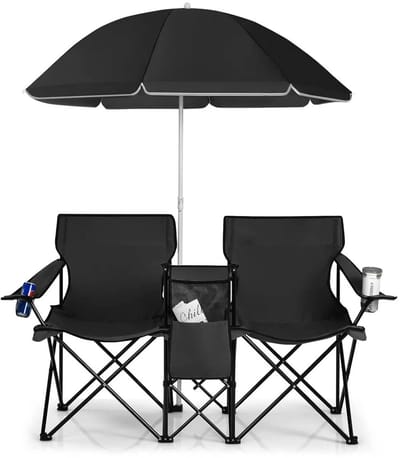 Sello! tweezits campingstoel – stalen frame – afneembare parasol – compact – lichtgewicht – bekerhouder – camping – strand