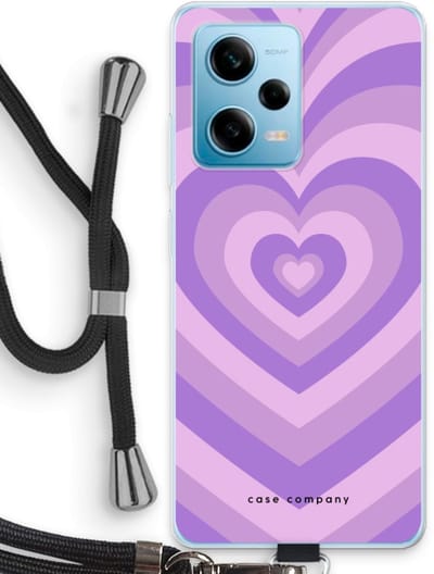 Case Company® - Hoesje met koord geschikt voor Xiaomi Redmi Note 12 Pro 5G hoesje met Koord - Hart Paars - Telefoonhoesje met Zwart Koord - Bescherming aan alle Kanten en Over de Schermrand