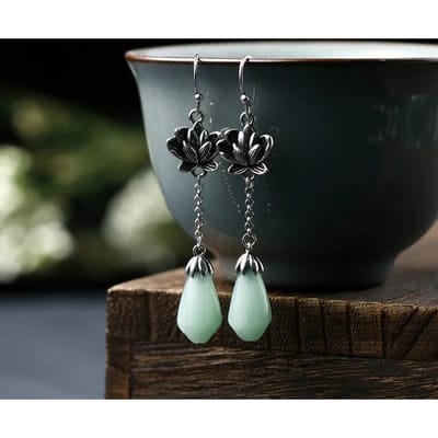 YILUOCD Vintage Boho Lotusbloem Oorbellen Sterling Jade Steen Hangende Oorbellen voor Vrouwen Amulet Sieraden Kerstcadeau gray
