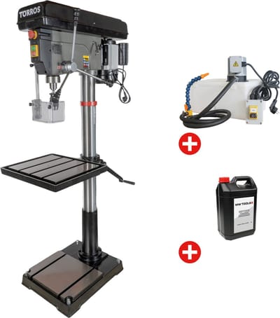 Professionele kolomboormachine boren tot ø 32 mm MK4 1,5 kW 230V met koelvloeistofsysteem en bus 5L koelmiddel Torros DF34M PACK COOL