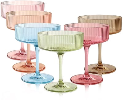 Dailygoods- Champagnecoupés Set van 6 - Vintage Geribbelde Glazen - Cocktailglazen - Luxe Cadeauset - 260ml - Levendige Retro Elegantie
