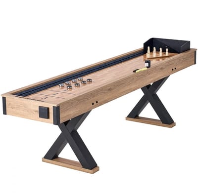 Shuffleboardtafel - 2-in-1 Shuffleboard & Bowling - Lengte 274 cm - Krasbestendig Speelveld - Inclusief 8 Pucks - Bowlingset - Was & Tafelborstel