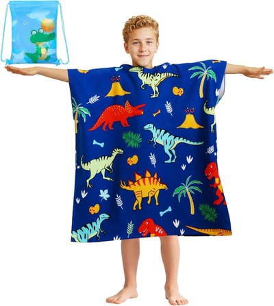 Microfiber Badponcho voor Kinderen met Kap - Absorberende Strandhanddoek voor Jongens en Meisjes, Blauw Dinosaur Design, Ideaal voor Zwembad en Strand, 75x180 cm
