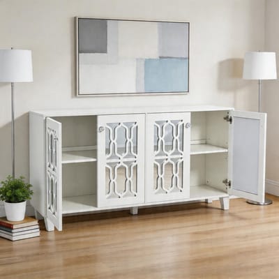 KOMHTOM - Wit spiegelend dressoir - Strakke kristallen handgrepen - Vier deuren met beweegbaar laminaat - Voor woon- en eetkamer - Afmetingen: 160 x 40 x 84 cm