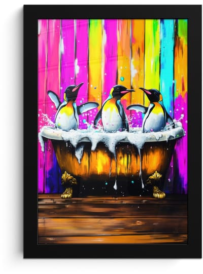 Poster in lijst - Fotolijst 20x30 cm - Posters - Pinguïns - Badkuip - Kleurrijk - Schuim - Posterlijst zwart - Decoratie - Wanddecoratie woonkamer - Muurdecoratie slaapkamer