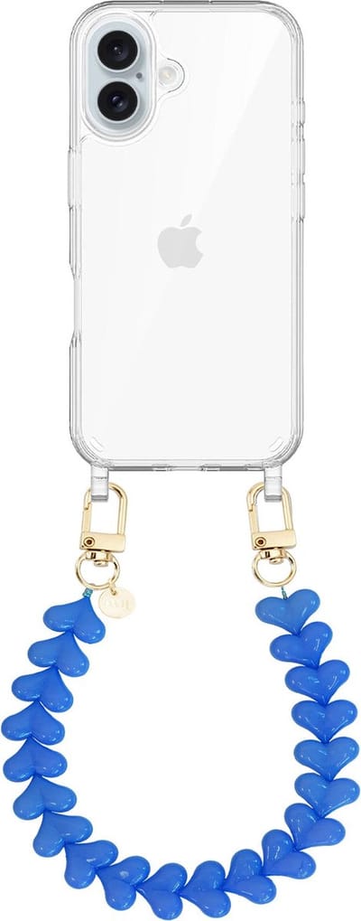 xoxo Wildhearts siliconen hoesje - Geschikt voor iPhone 16 Plus hoesje - Funky Hearts - Telefoonhoesje - Hoesje met koord - Denim Blauw koord - kort telefoonkoord - Hartjes ketting - Transparant hoesje