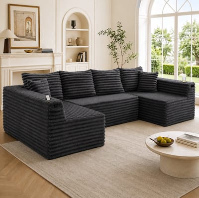 HAUSS SPOLE U-Bank - Modulaire Hoekbank - Met Bekerhouders En Zijvakken - Ergonomisch Comfort - Voor Woonkamer En Lounge - Cord Donkergrijs