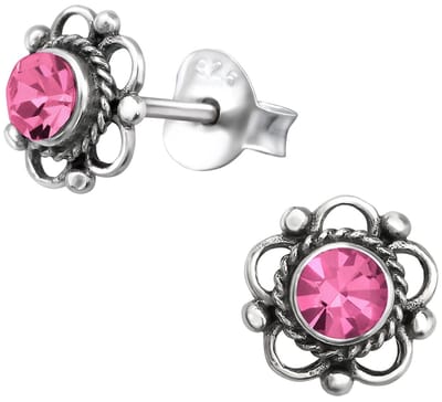 Joy|S - Zilveren Bali bloem oorbellen - 7 mm - roze kristal - geoxideerd
