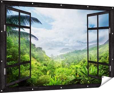 Gards Tuinposter Doorkijk Jungle Uitzicht op de Seychellen - 180x120 cm - Tuindoek - Tuindecoratie - Wanddecoratie buiten - Tuinschilderij