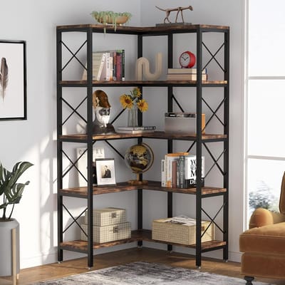 TRIBESIGNS - Boekenkast - Hoek boekenkast met 5 Planken - Industrieel - Hoekkast - Bruin/Zwart - 80 x 80 x 167.5 cm