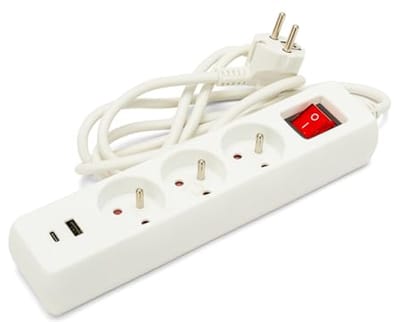 Frans stopcontact met 3 uitgangen en 2 USB-aansluitingen, 1,5 m kabel