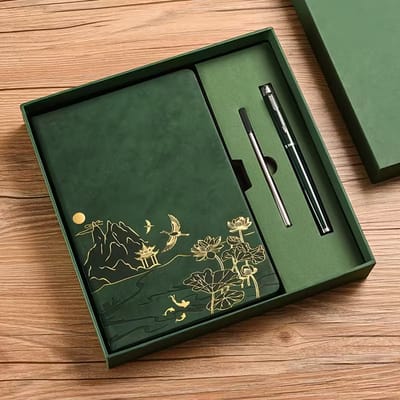 Groene Notebookset A5 met Pen en Navulling – PU Lederen Omslag, 100 Pagina’s, Notitieboek voor Vergaderingen en Cadeau