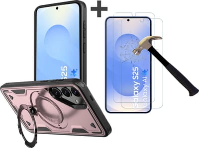 Hoesje Geschikt voor Samsung Galaxy S25 met 2 Stuks gehard glas Screenprotectors - Armor hoes met Ringhouder - Arara backcover - Rosegoud