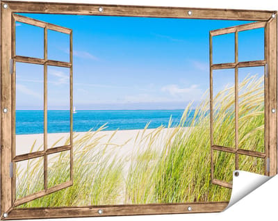 Gards Tuinposter Doorkijk Strand en Zee met een Zeilboot - 120x80 cm - Tuindoek - Tuindecoratie - Wanddecoratie buiten - Tuinschilderij
