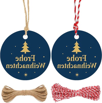 5.5cm Merry Christmas Papieren Cadeau Hangers: 100 Stuks Blauwe Decoratieve Labels met Touw voor Kerstcadeaus, Kerstversiering en Geschenkverpakking