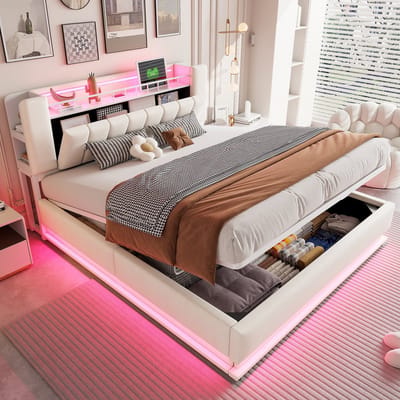 Sweiko Gestoffeerd bed - 180 x 200 cm - LED-verlichting - USB-poorten - Opbergruimte - Beige