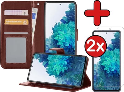 Hoesje - Met 2x Screenprotector - Geschikt voor Samsung Galaxy S20 FE - Luxe Pasjeshouder - Flip Case - Bookcase Portemonee - Kunstleer Book Case - Flipcase Hoes - Book Cover - Walletcase - Portemonneehoes - Telefoonhoes - Bruin