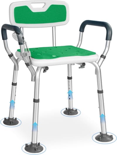 Douchestoel met Armleuningen - Douchekruk Verstelbaar - Veilig Douchen - Afneembare Rugleuning - 45 x 53 x 82 cm - Groen