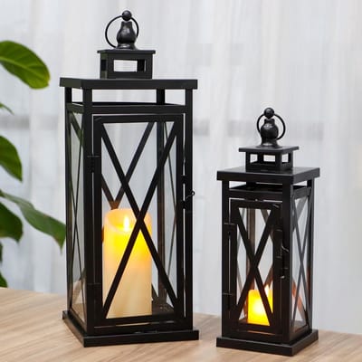 Kaarslantaarns Set - Lantaarns Decoratie - Sfeerverlichting Buiten - Zwart Metaal - 7 Inch Diameter - Zwart