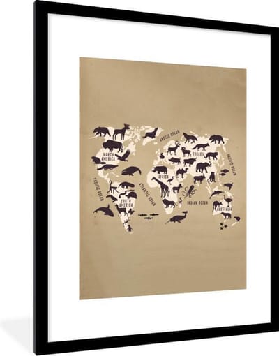 Poster in lijst - Fotolijst 60x80 cm - Posters - Wereldkaart - Dieren - Retro - Posterlijst zwart - Decoratie - Wanddecoratie woonkamer - Muurdecoratie slaapkamer