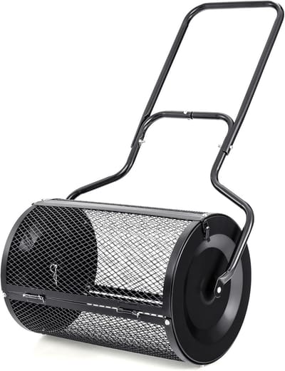 KOMFOTTEU Compoststrooier, 75 liter, turfstrooier met handgreep en zijsluitingen, gazonmeststrooier met metalen rooster, zaadstrooier, turfmosstrooier, tuinstrooier voor compost, meststof, zaad, zwart