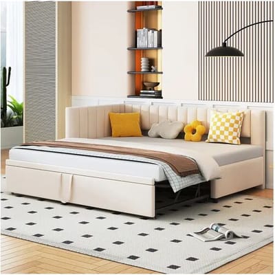 Merax Onderschuifbed 90/180 x 200 cm L-vormig, Slaapbank - Fluweel - Lattenbodem - Beige (zonder matras)