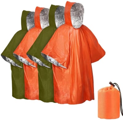 OIMG Nood poncho - 4 stuks - Regenponcho - 100x130 cm - overlevingsdeken - Omkeerbaar - met Capuchon - Waterdicht - Winddicht - Draagbaar - Thermische nooddeken - Outdoor Kit - geschikt voor kamperen, wandelen en noodsituaties - 2 oranje 2groen