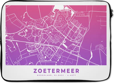 Laptophoes 13 inch - Stadskaart - Zoetermeer - Paars - Laptop sleeve - Binnenmaat 32x22,5 cm - Zwarte achterkant