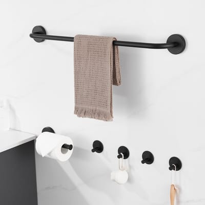 Auramlum Max Handdoekhouder set - Handdoekhaakjes - Zonder boren - Toiletrolhouder - RVS - Set van 6 - Badkamer aanwezig - Zwart
